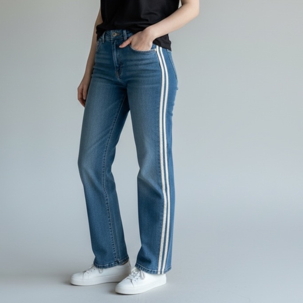 AnnieWear Barrel Leg Jeans Large Blue Denim White Side Stripe Sporty Trend Fit